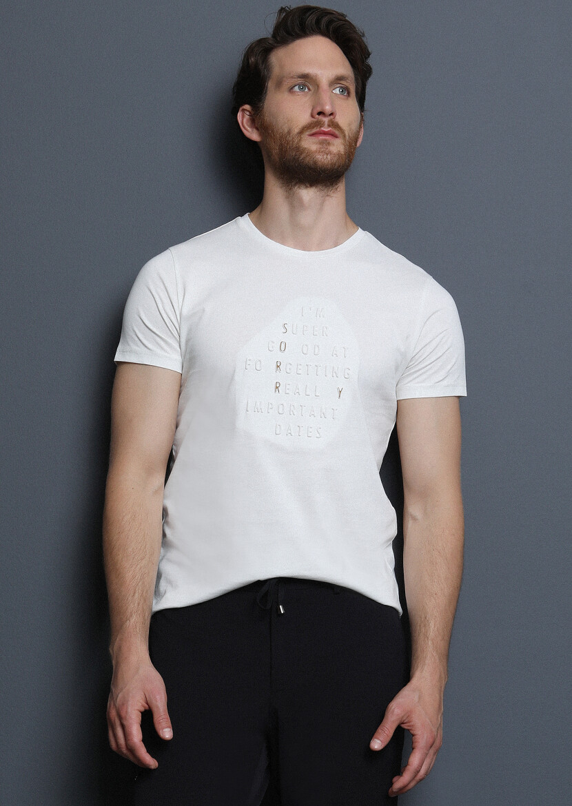 Ekru Baskılı %100 Pamuk T-Shirt - 4