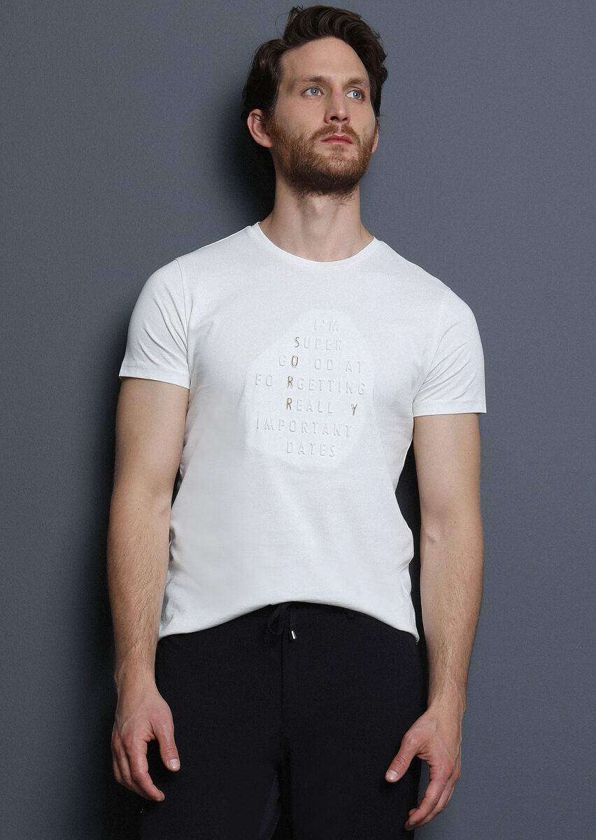 Ekru Baskılı %100 Pamuk T-Shirt - 4