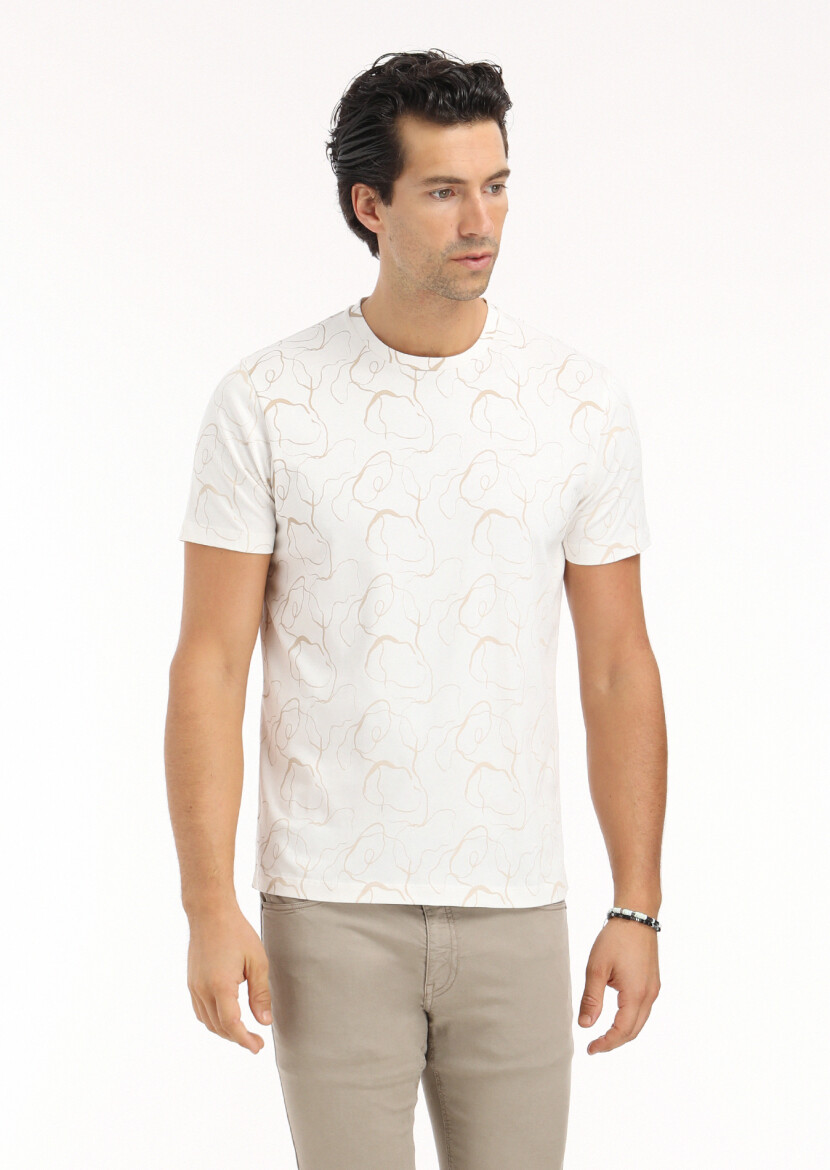Ekru Baskılı Bisiklet Yaka %100 Pamuk T-Shirt 