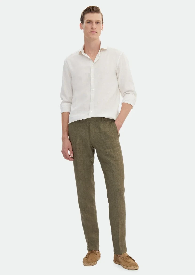 Ekru Baskılı Regular Fit Dokuma Casual %100 Keten Gömlek 
