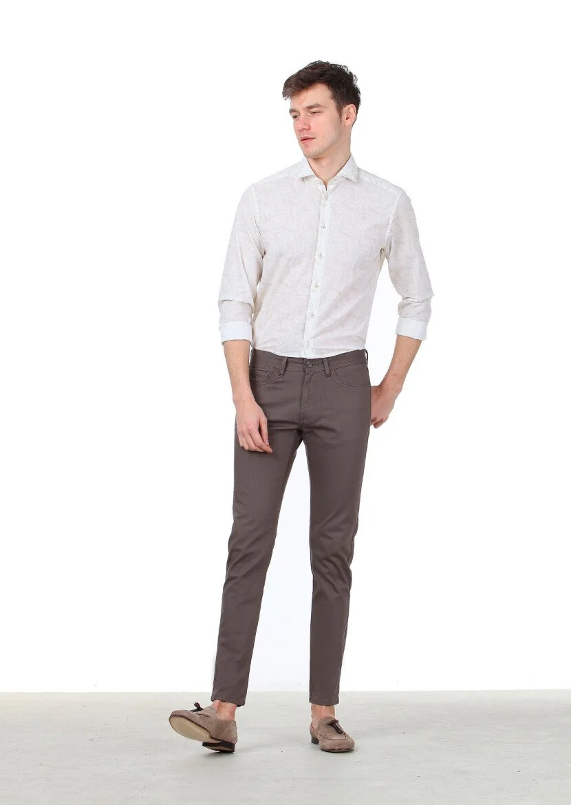 Ekru Baskılı Regular Fit Dokuma Casual %100 Pamuk Gömlek - 2