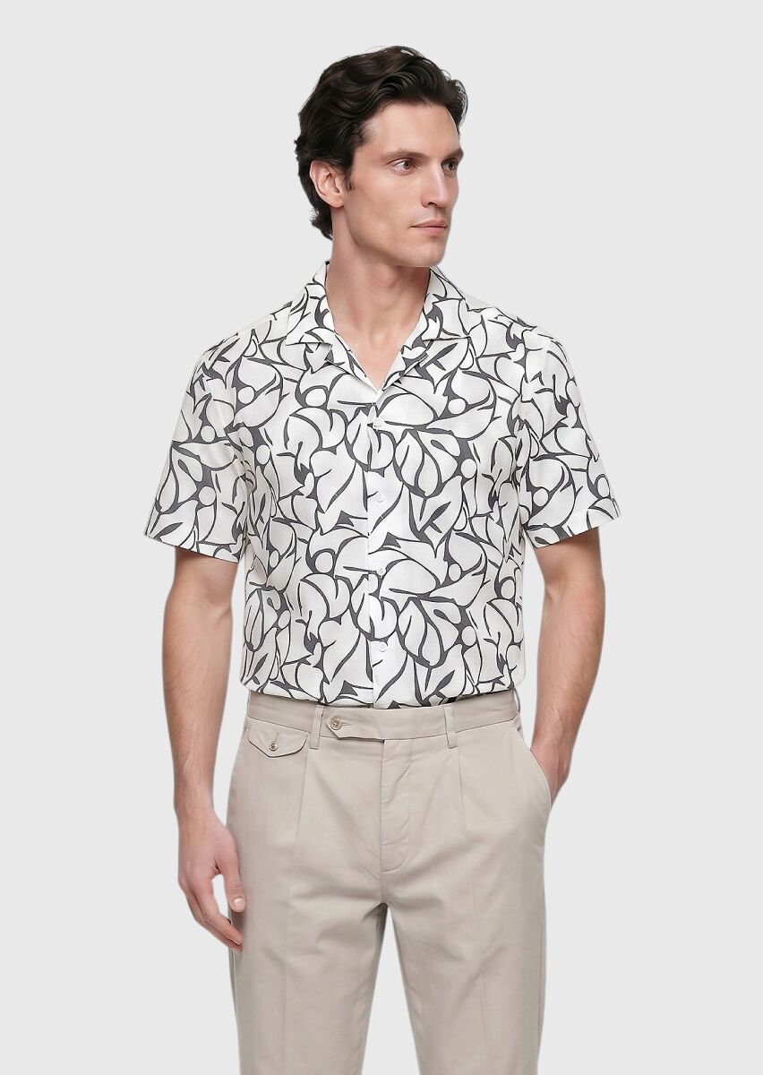 Ekru Baskılı Regular Fit Kısa Dokuma Casual %100 Pamuk Gömlek - 1