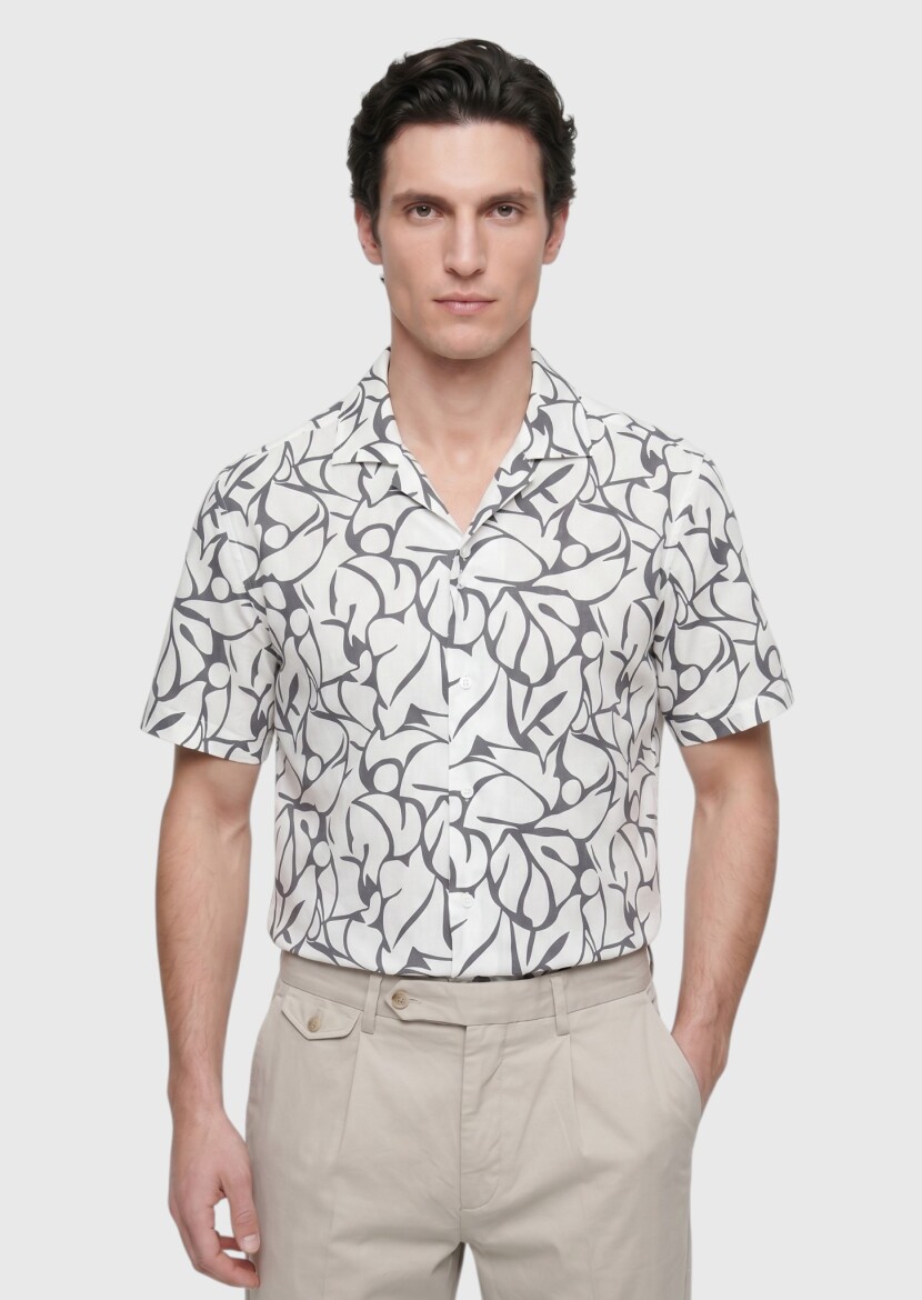 Ekru Baskılı Regular Fit Kısa Dokuma Casual %100 Pamuk Gömlek - 4