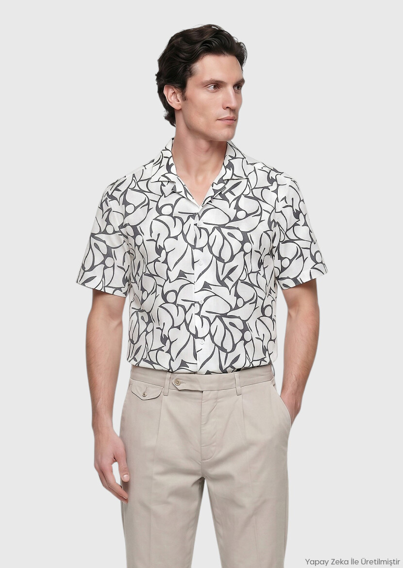 Ekru Baskılı Regular Fit Kısa Dokuma Casual %100 Pamuk Gömlek 