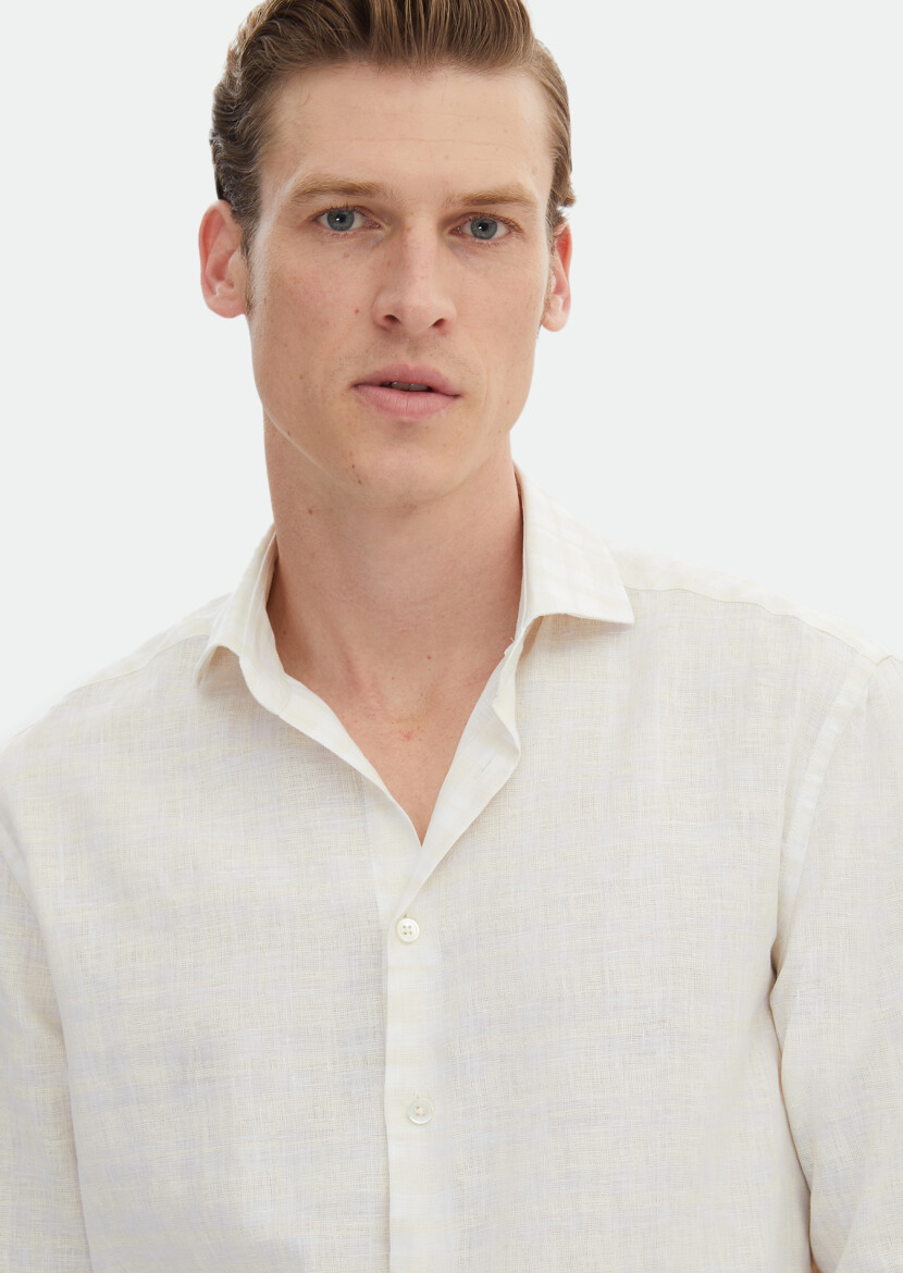 Ekru Baskılı Regular Fit Uzun Dokuma Casual %100 Keten Gömlek - 3