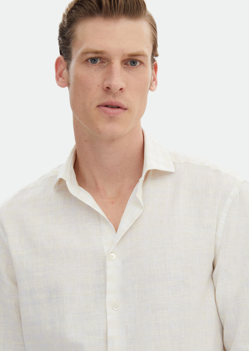 Ekru Baskılı Regular Fit Uzun Dokuma Casual %100 Keten Gömlek - 3