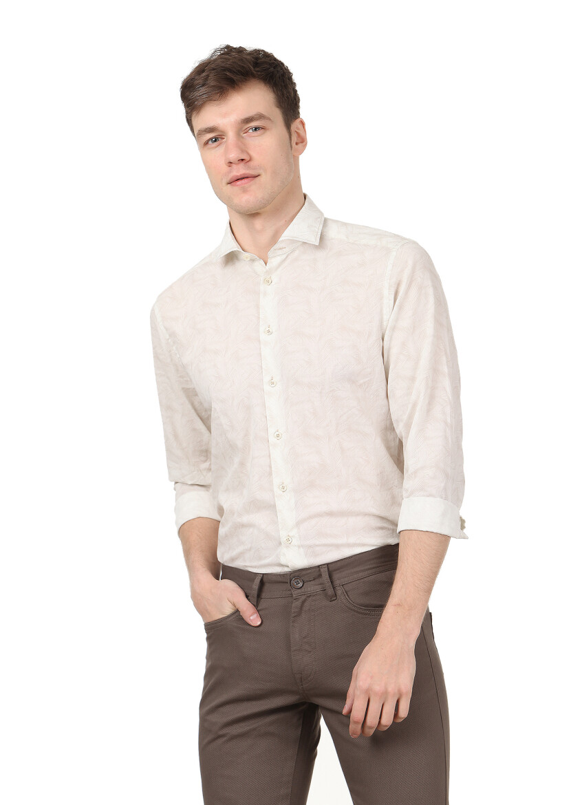 Ekru Baskılı Regular Fit Uzun Dokuma Casual %100 Pamuk Gömlek - 1