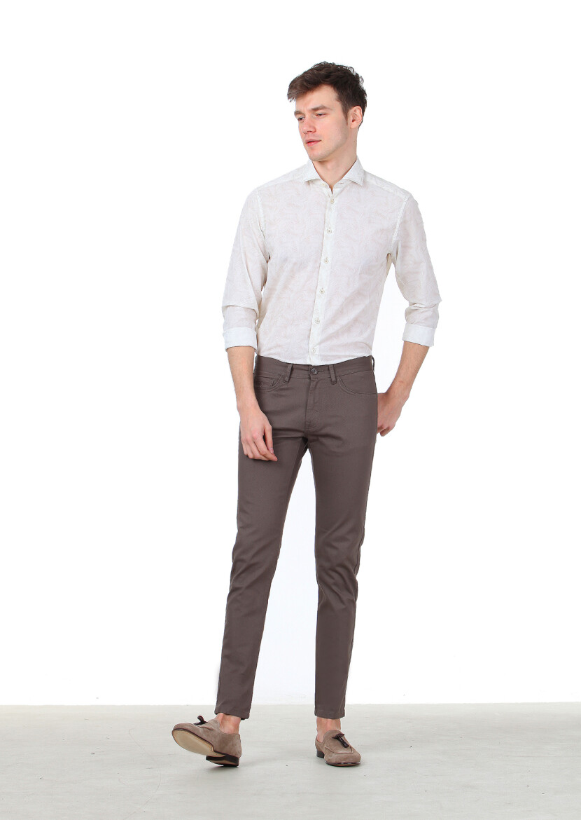 Ekru Baskılı Regular Fit Uzun Dokuma Casual %100 Pamuk Gömlek - 2