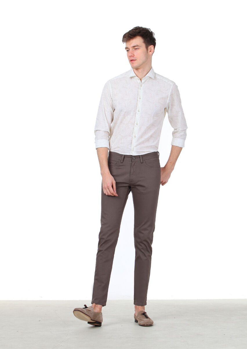 Ekru Baskılı Regular Fit Uzun Dokuma Casual %100 Pamuk Gömlek - 2