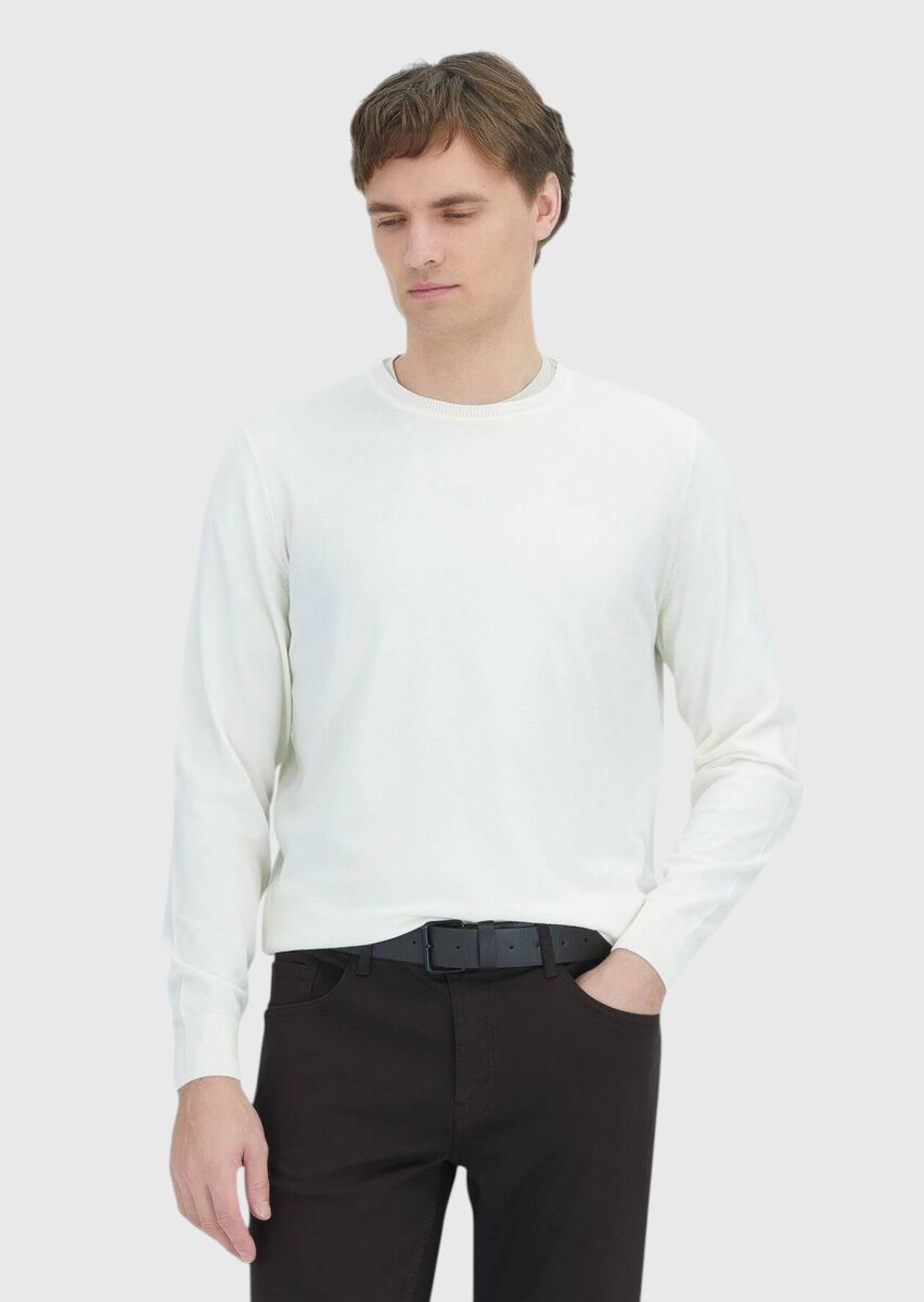 Ekru Bisiklet Yaka Düz Örgü Triko Kazak - 1