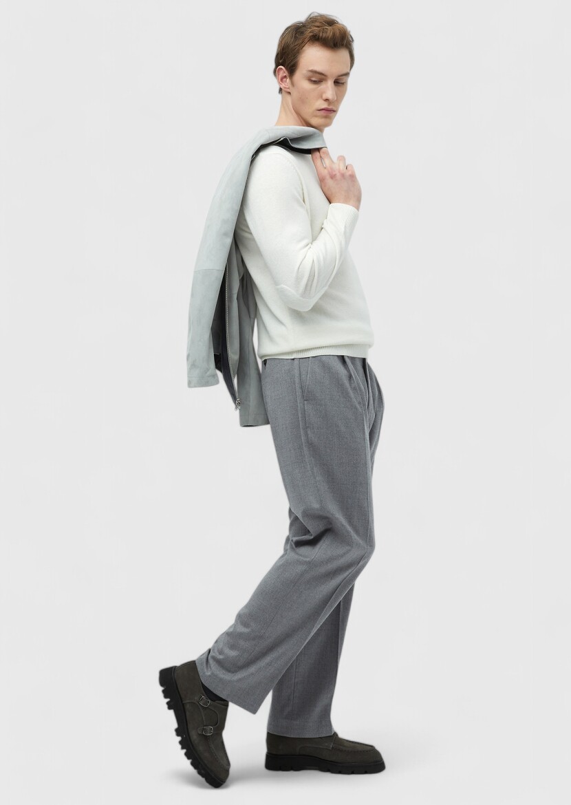 Ekru Bisiklet Yaka Düz Örgü Yün Karışımlı Triko Kazak - RAMSEY