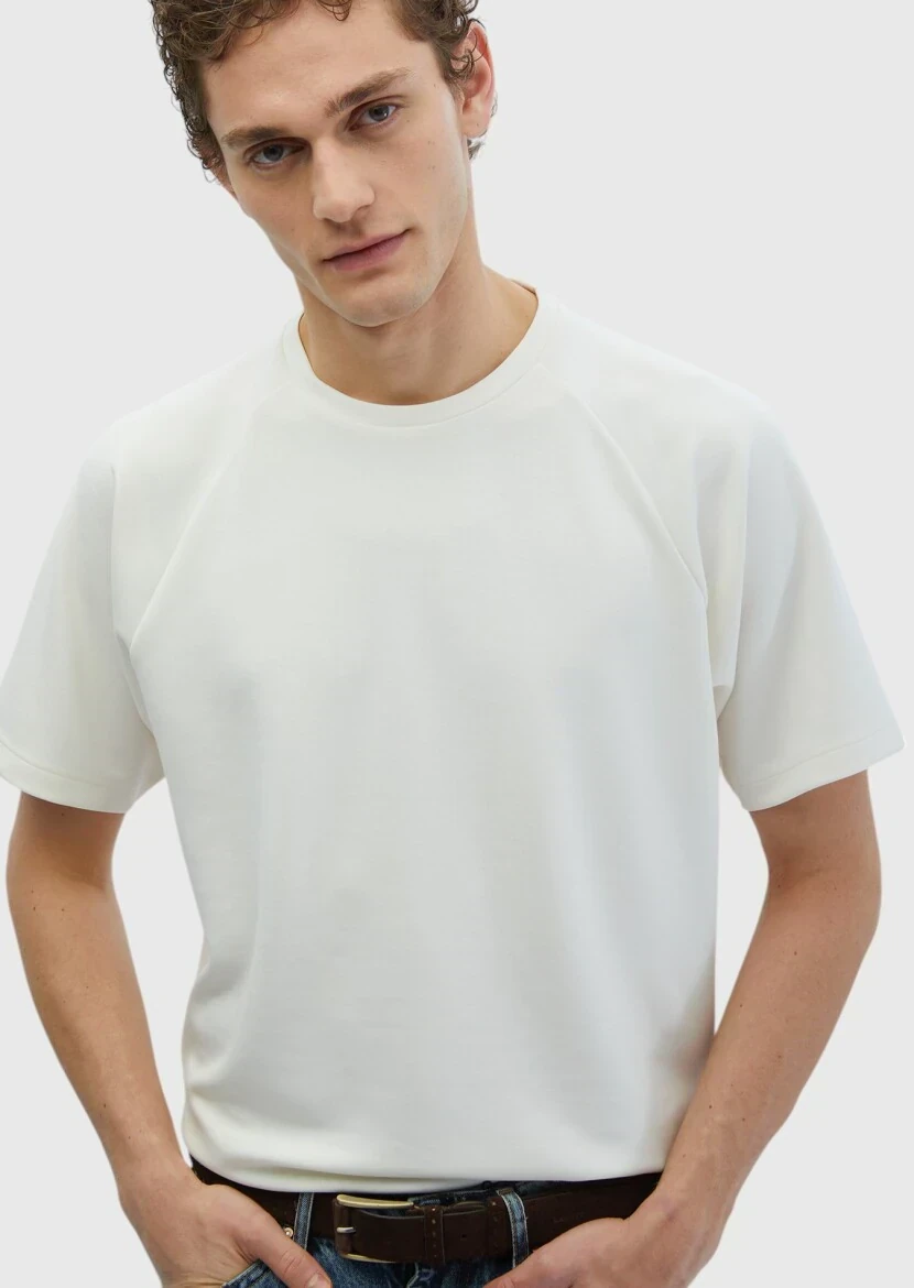Ekru Bisiklet Yaka Düz Sweatshırt - 1