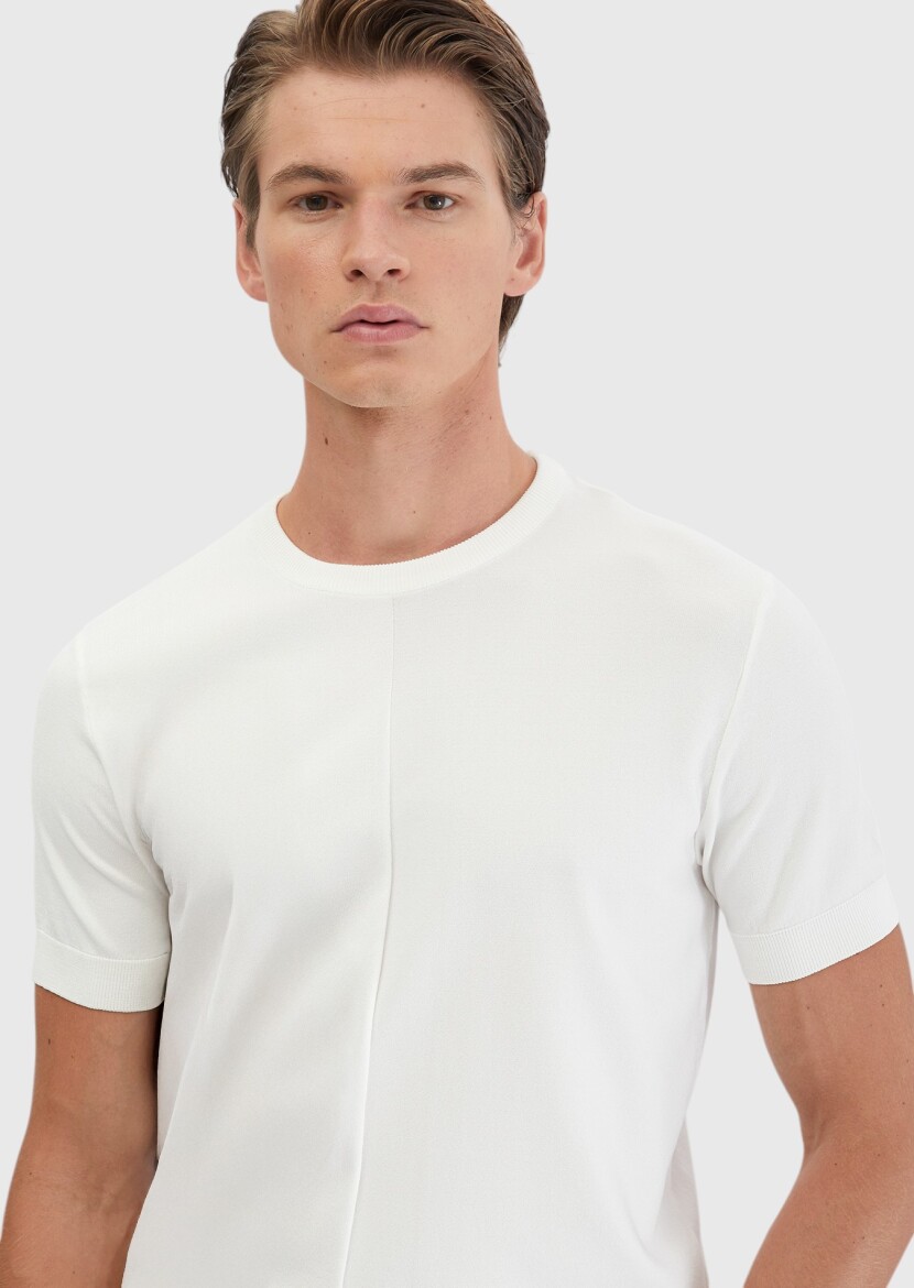 Ekru Bisiklet Yaka Jakarlı Triko - 3