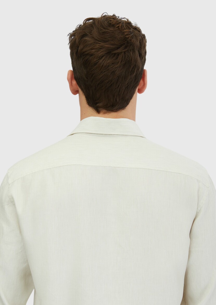 Ekru Çizgili Casual Fit Dokuma Casual Pamuk Karışımlı Gömlek - 3