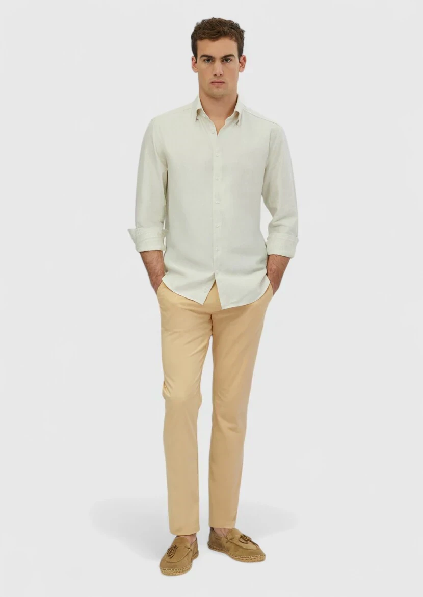 Ekru Çizgili Casual Fit Dokuma Casual Pamuk Karışımlı Gömlek - 1