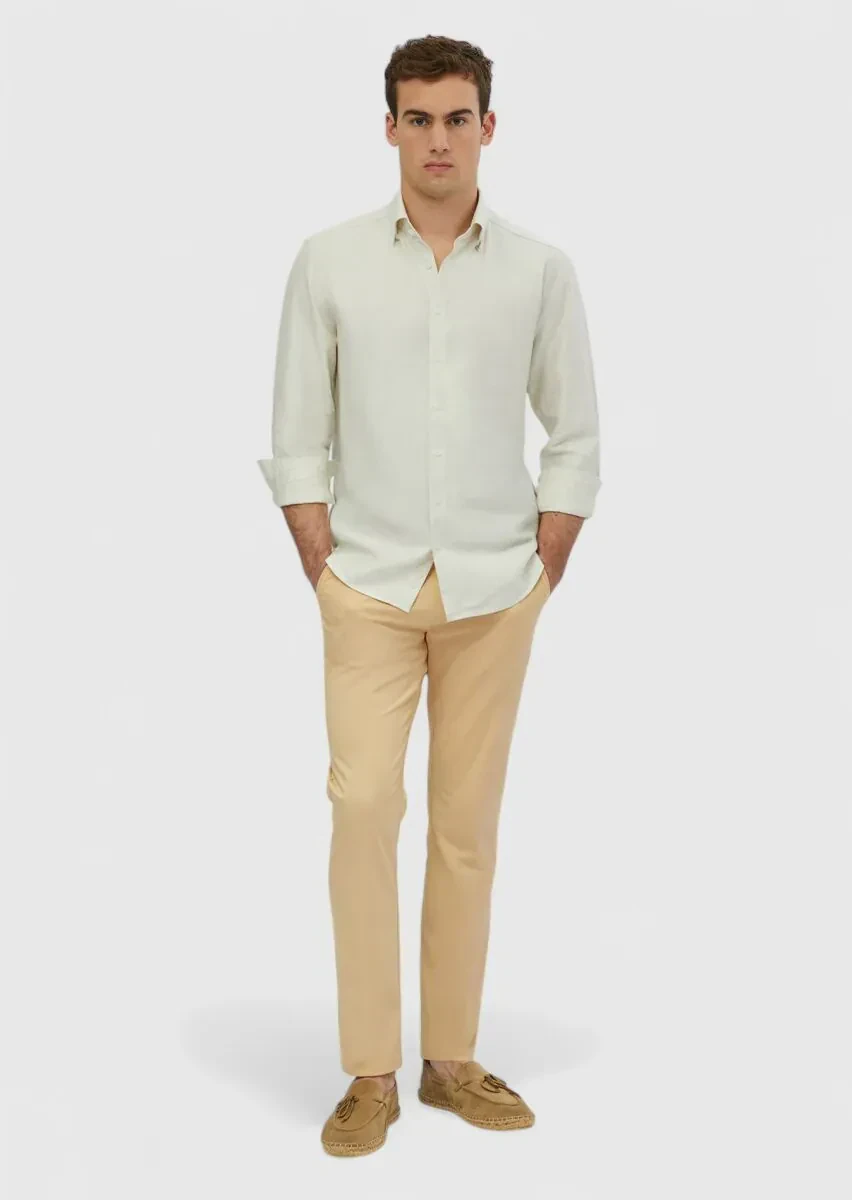Ekru Çizgili Casual Fit Dokuma Casual Pamuk Karışımlı Gömlek - 1