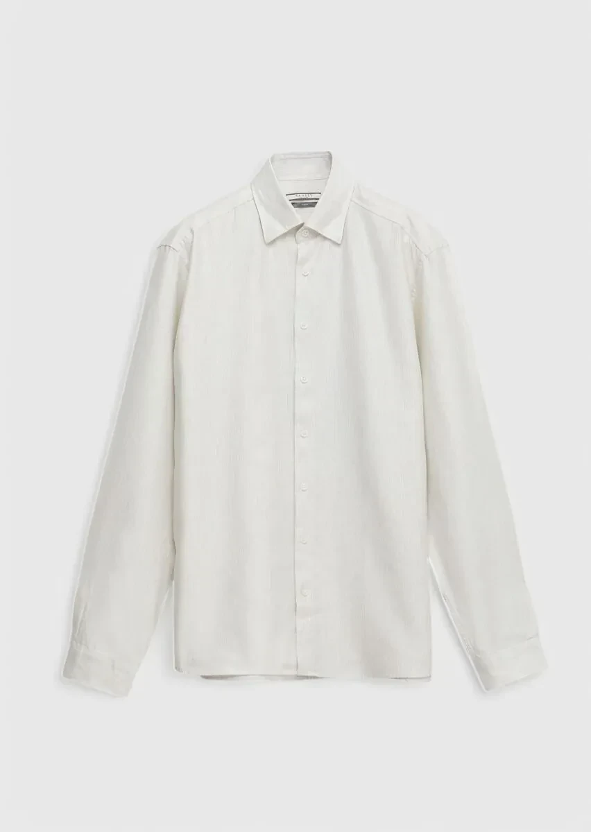 Ekru Çizgili Casual Fit Dokuma Casual Pamuk Karışımlı Gömlek - 5