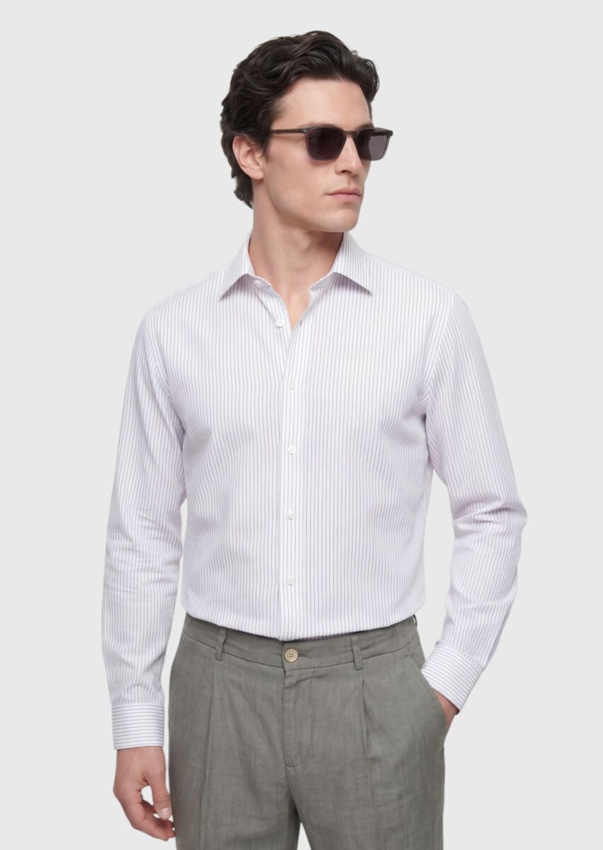 Ekru Çizgili Casual Fit Dokuma Casual Pamuk Karışımlı Gömlek - 1