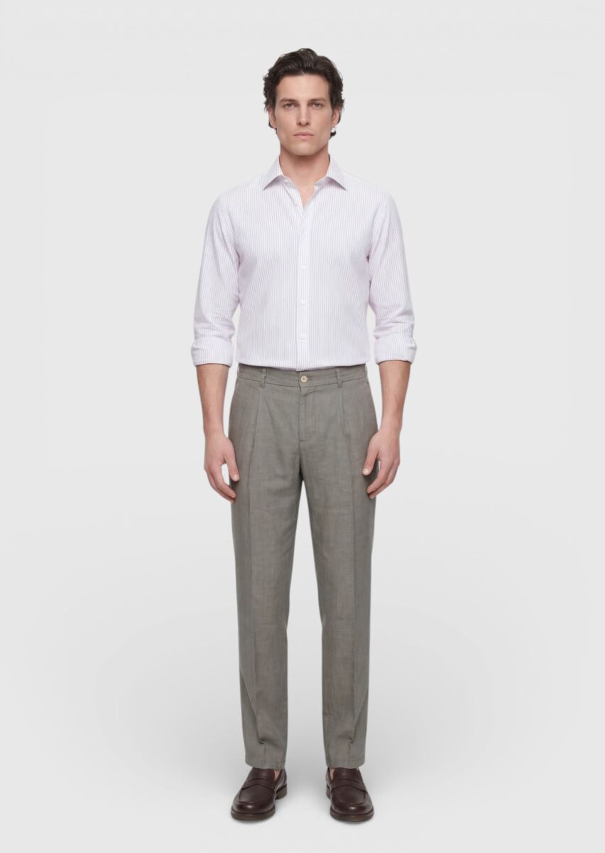 Ekru Çizgili Casual Fit Dokuma Casual Pamuk Karışımlı Gömlek - 3