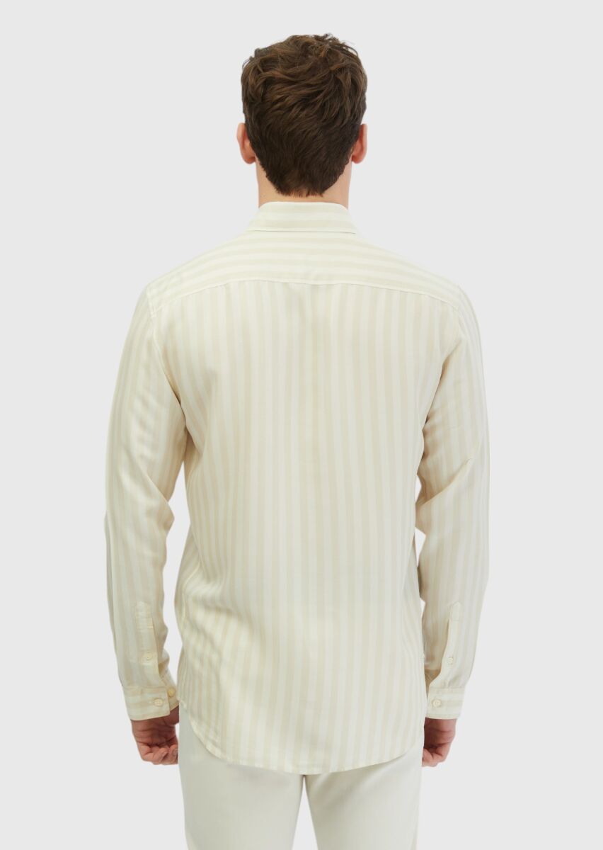 Ekru Çizgili Casual Fit Uzun Dokuma Casual Gömlek - 5