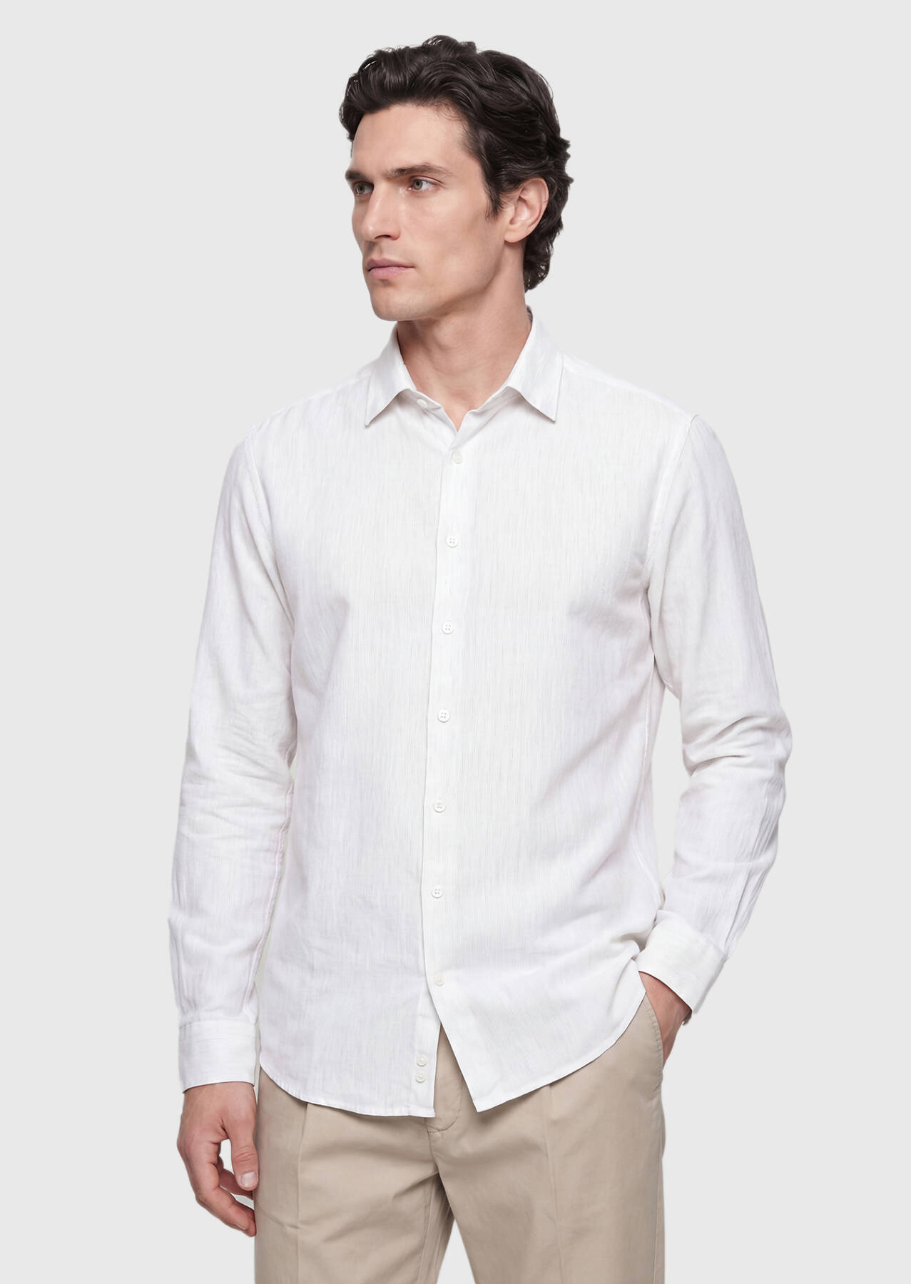 Ekru Çizgili Casual Fit Uzun Dokuma Casual Pamuk Karışımlı Gömlek