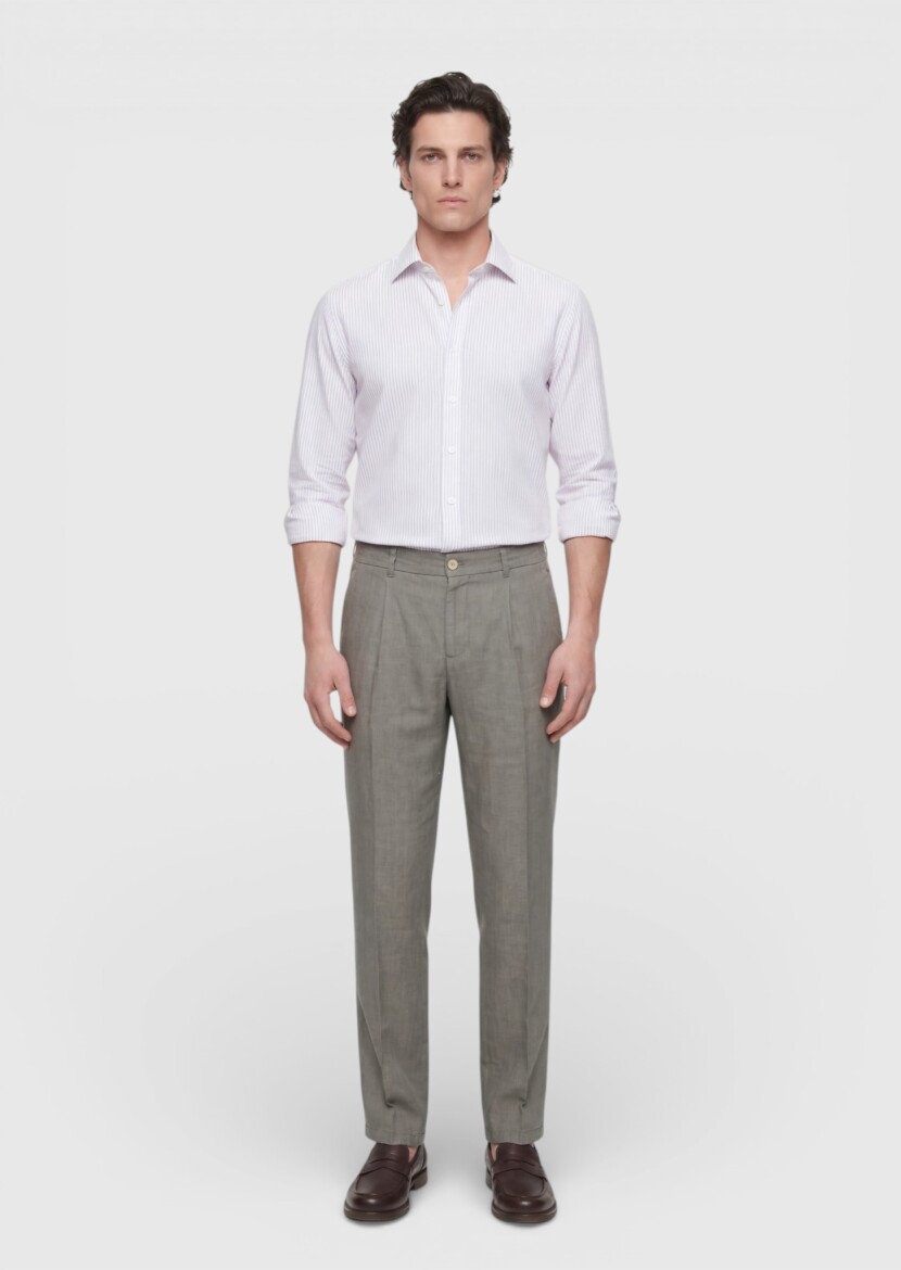 Ekru Çizgili Casual Fit Uzun Dokuma Casual Pamuk Karışımlı Gömlek - 3