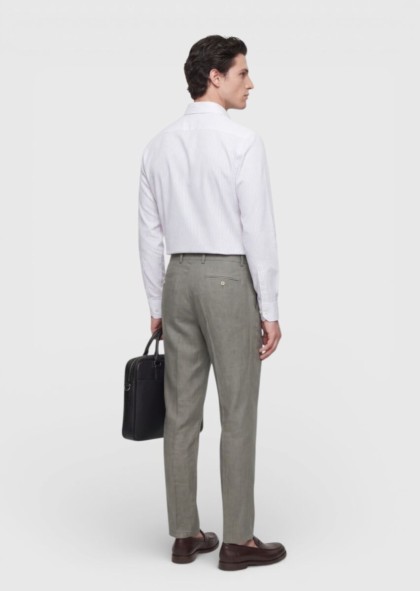 Ekru Çizgili Casual Fit Uzun Dokuma Casual Pamuk Karışımlı Gömlek - 4