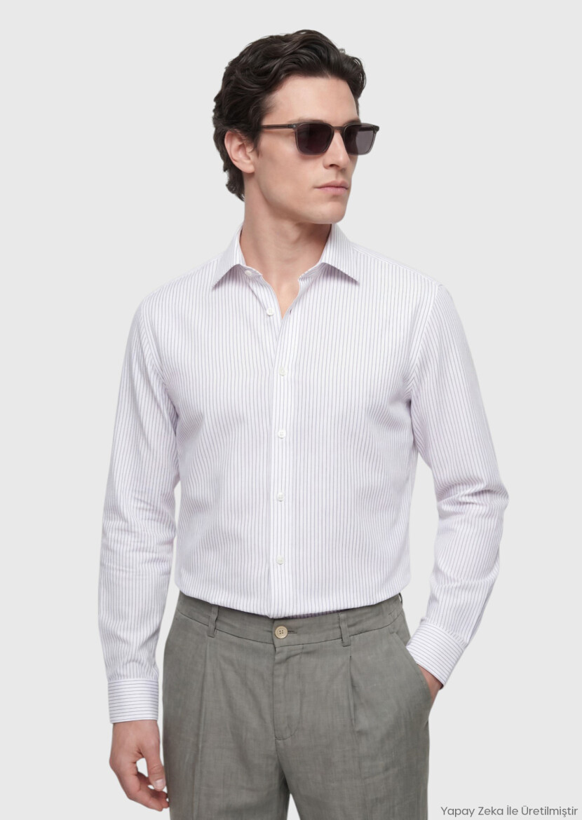 Ekru Çizgili Casual Fit Uzun Dokuma Casual Pamuk Karışımlı Gömlek - RAMSEY