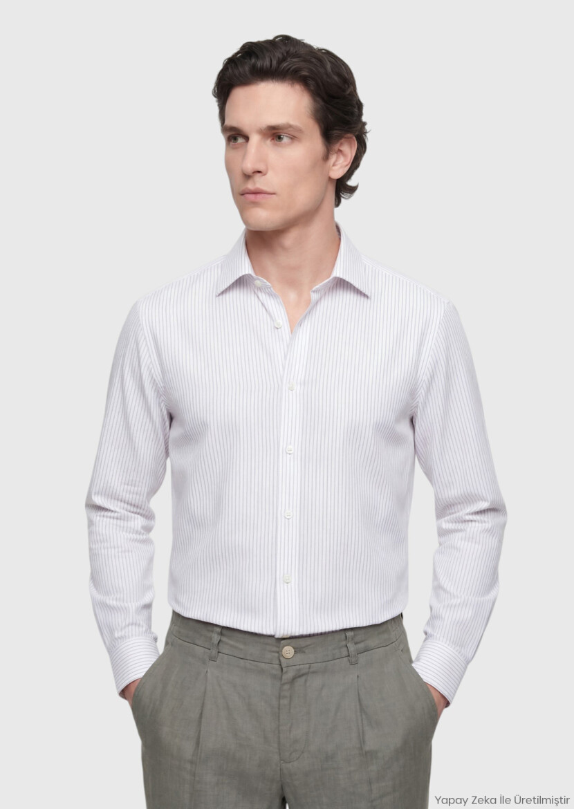 Ekru Çizgili Casual Fit Uzun Dokuma Casual Pamuk Karışımlı Gömlek - RAMSEY