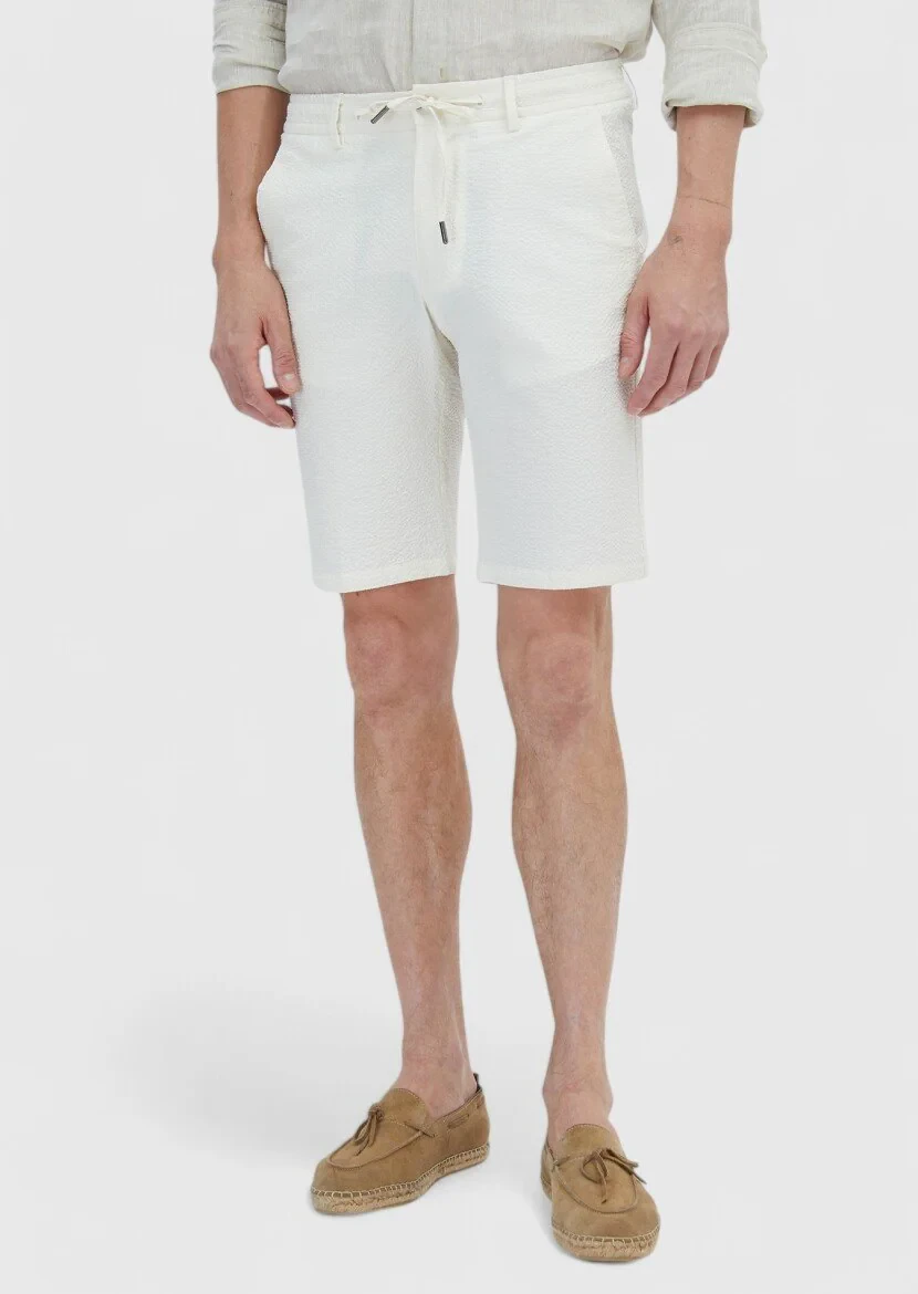 Ekru Çizgili Dokuma Jogging Fit Casual Pamuk Karışımlı Bermuda - 3