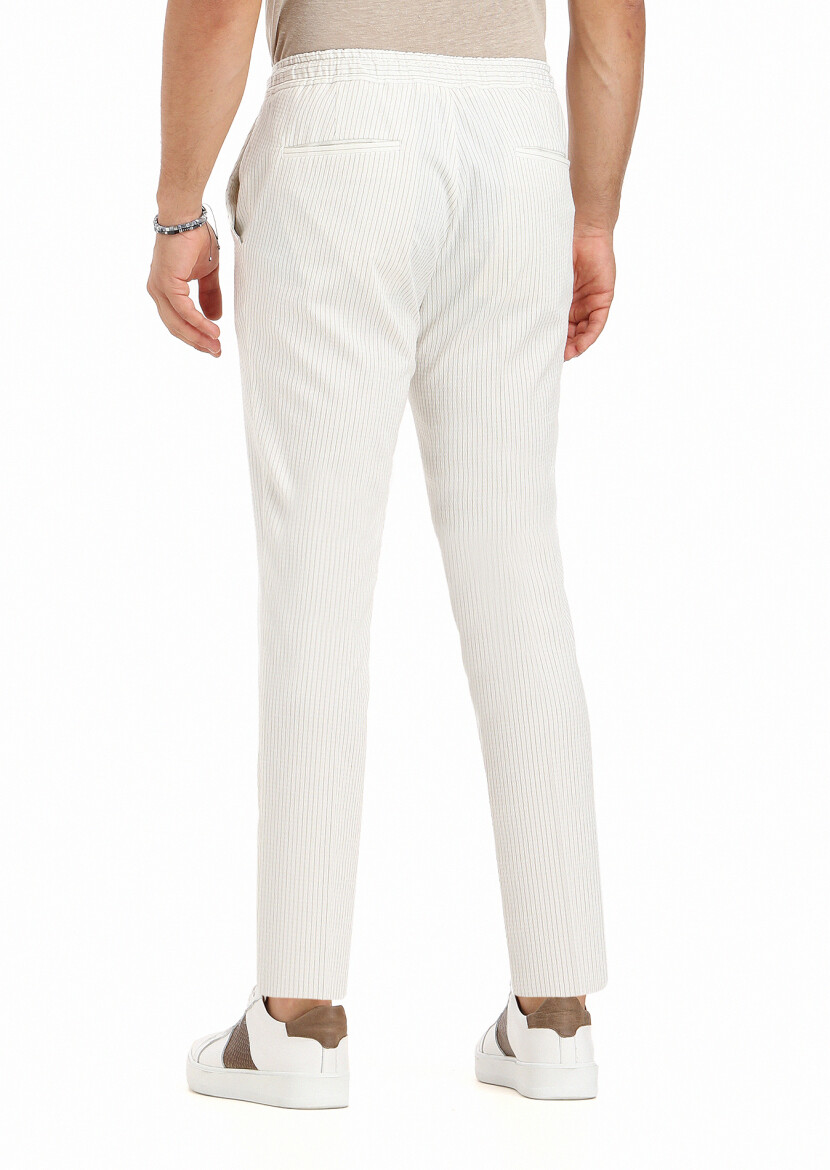 Ekru Çizgili Dokuma Jogging Fit Casual Pamuk Karışımlı Pantolon - 3