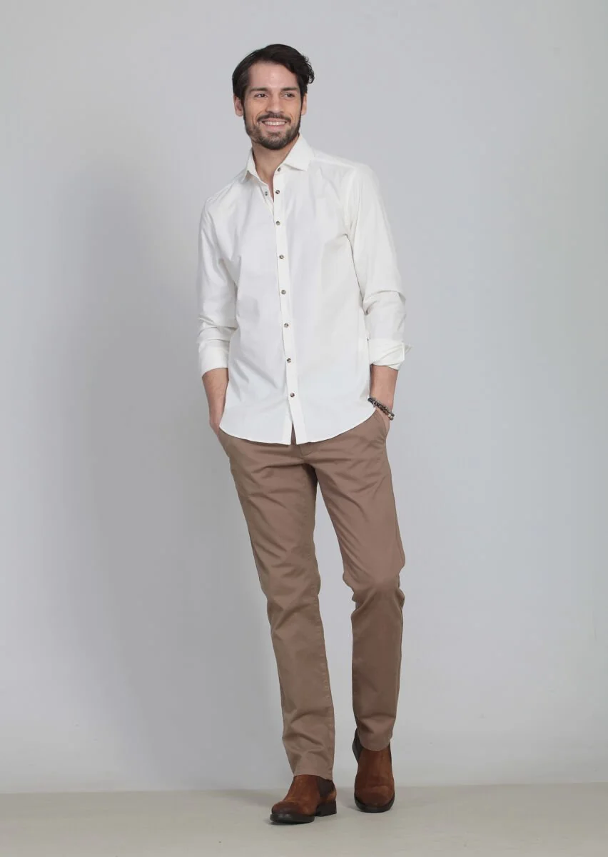 Ekru Çizgili Slim Fit Dokuma Kadife Casual Pamuk Karışımlı Gömlek - 2