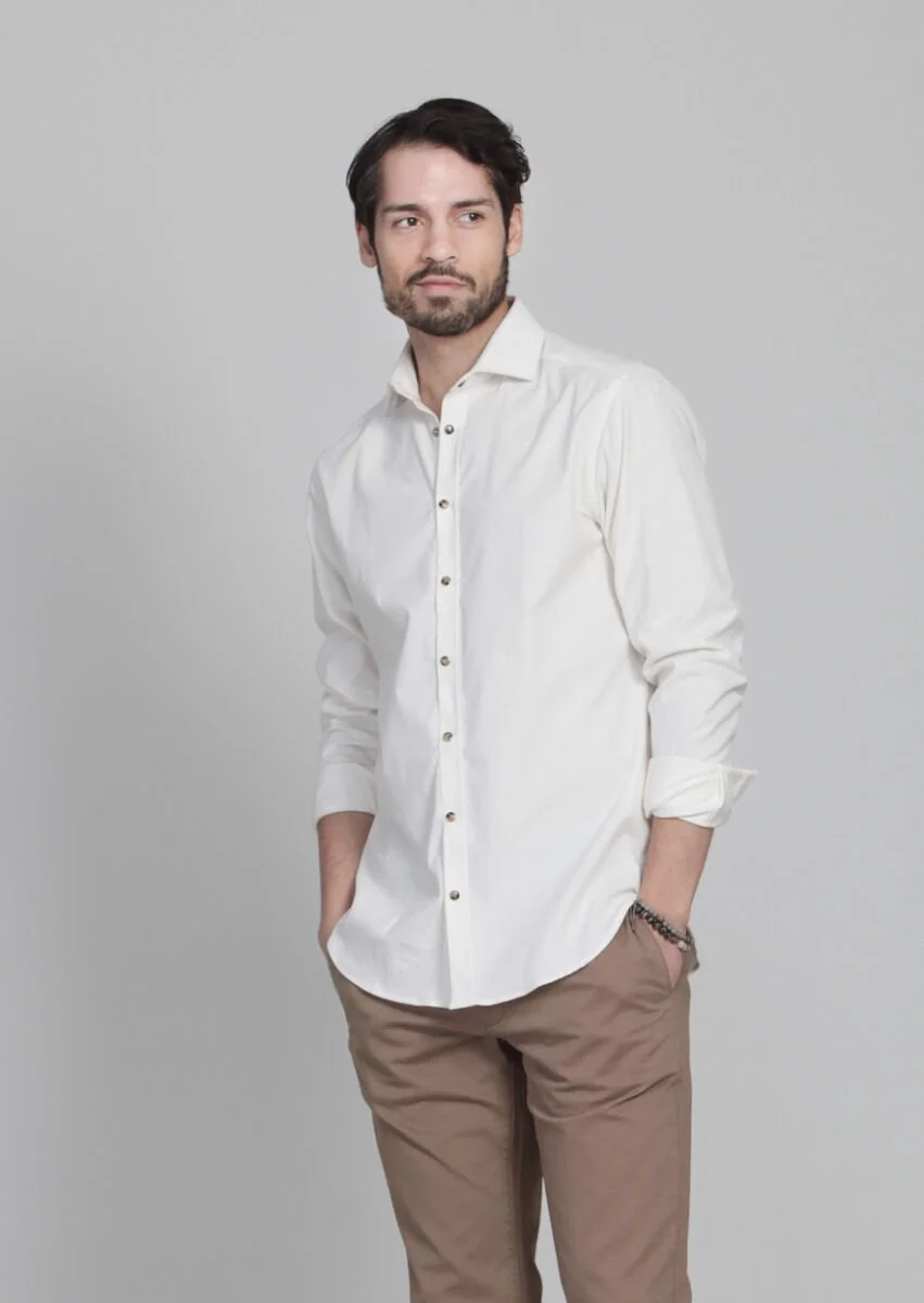 Ekru Çizgili Slim Fit Dokuma Kadife Casual Pamuk Karışımlı Gömlek - 3