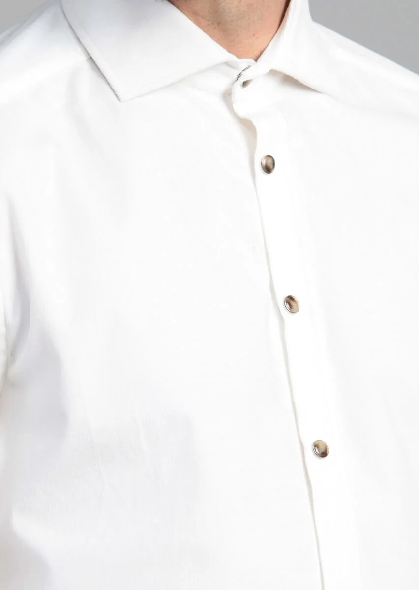 Ekru Çizgili Slim Fit Dokuma Kadife Casual Pamuk Karışımlı Gömlek - 4