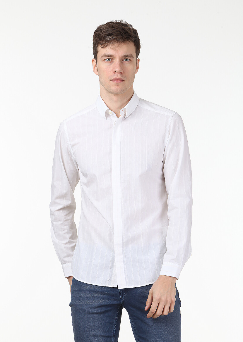 Ekru Çizgili Slim Fit Uzun Dokuma Casual Pamuk Karışımlı Gömlek - 1