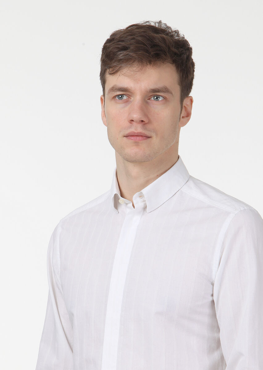 Ekru Çizgili Slim Fit Uzun Dokuma Casual Pamuk Karışımlı Gömlek - 2