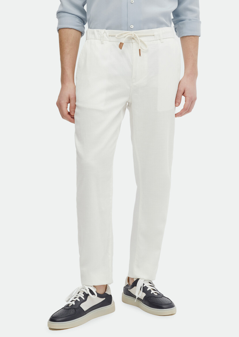 Ekru Desenli Dokuma Jogging Fit Casual Pamuk Karışımlı Pantolon 