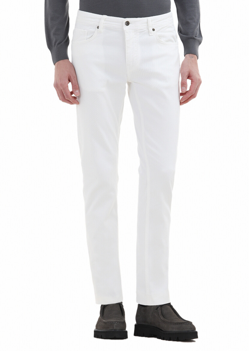 Ekru Desenli Dokuma Slim Fit Casual Pamuk Karışımlı Pantolon 