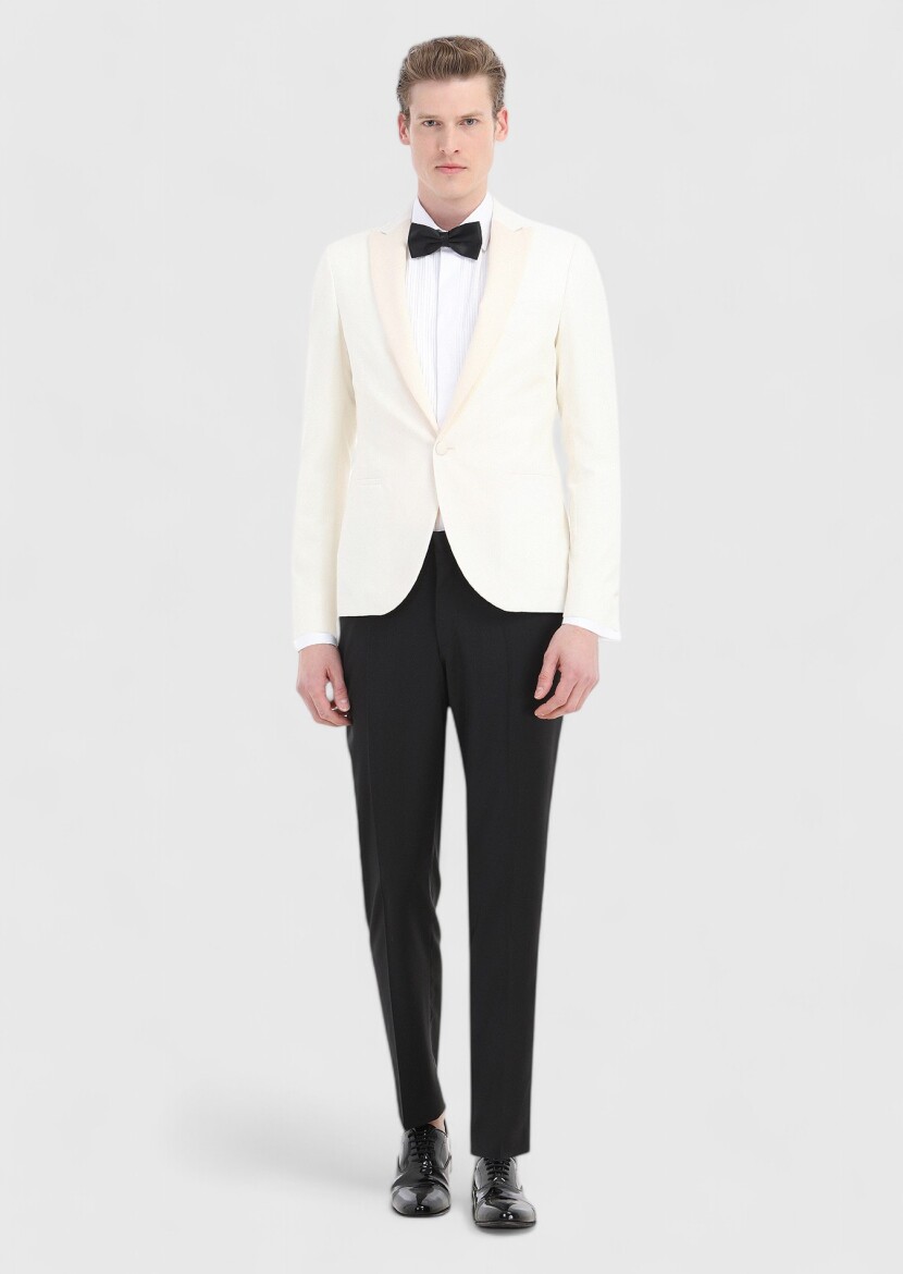 Ekru Desenli Fashion Slim Fit Kruvaze Yaka Dokuma Smokin Takım Elbise - 1