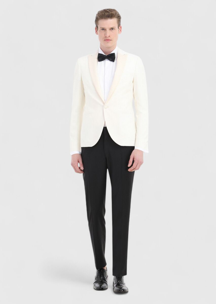 Ekru Desenli Fashion Slim Fit Kruvaze Yaka Dokuma Smokin Takım Elbise - 1