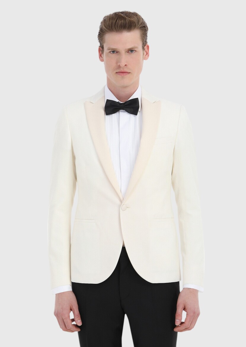 Ekru Desenli Fashion Slim Fit Kruvaze Yaka Dokuma Smokin Takım Elbise - 2
