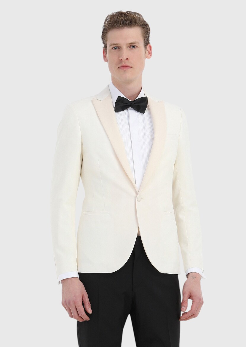 Ekru Desenli Fashion Slim Fit Kruvaze Yaka Dokuma Smokin Takım Elbise - 3