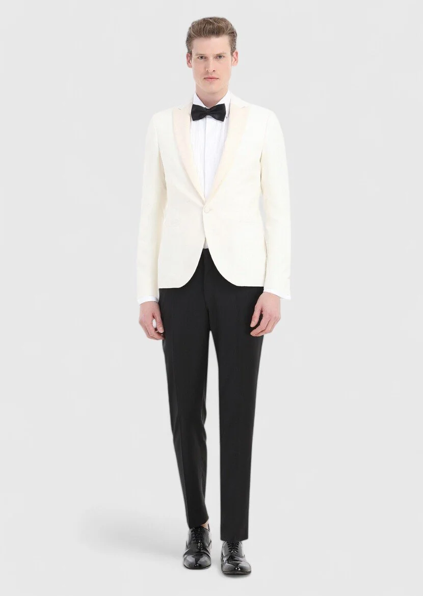 Ekru Desenli Fashion Slim Fit Kruvaze Yaka Dokuma Smokin Takım Elbise - 1