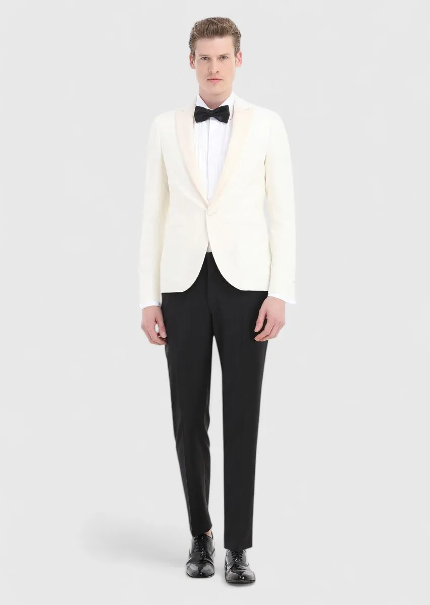 Ekru Desenli Fashion Slim Fit Kruvaze Yaka Dokuma Smokin Takım Elbise - 1