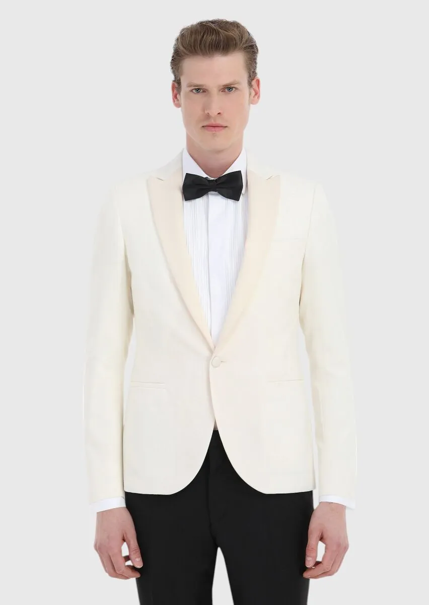 Ekru Desenli Fashion Slim Fit Kruvaze Yaka Dokuma Smokin Takım Elbise - 2