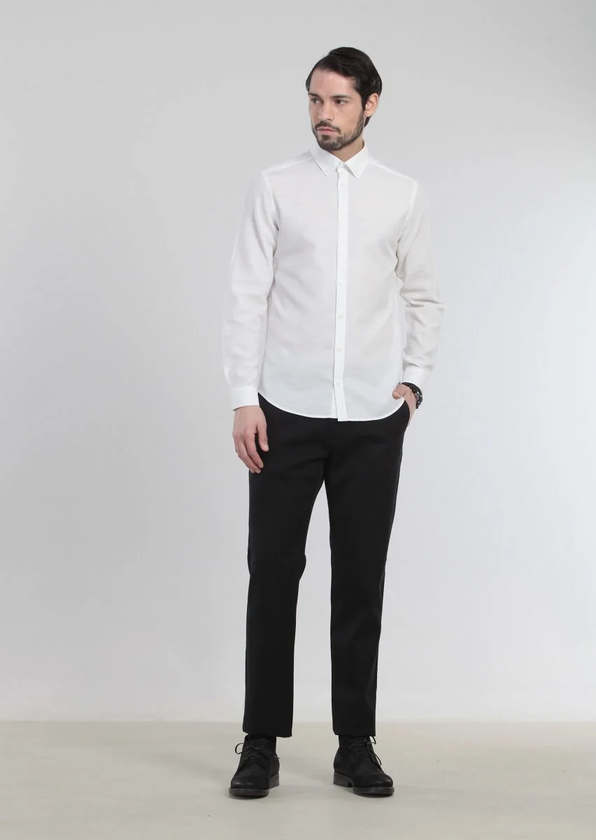 Ekru Desenli Fitted Fit Dokuma Casual %100 Pamuk Gömlek - 2