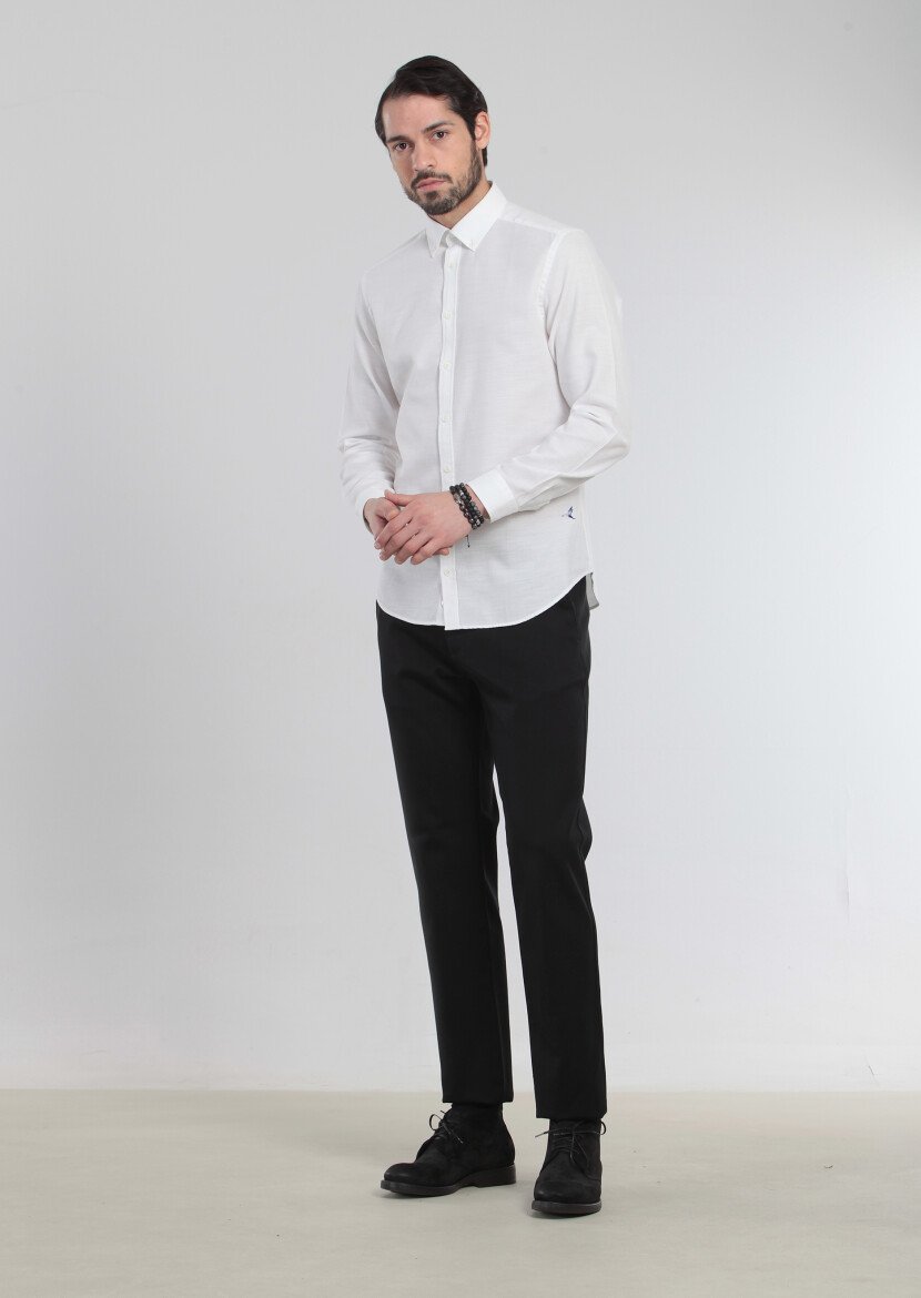 Ekru Desenli Fitted Fit Dokuma Casual %100 Pamuk Gömlek - 3