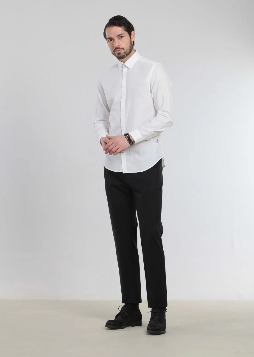 Ekru Desenli Fitted Fit Dokuma Casual %100 Pamuk Gömlek - 3