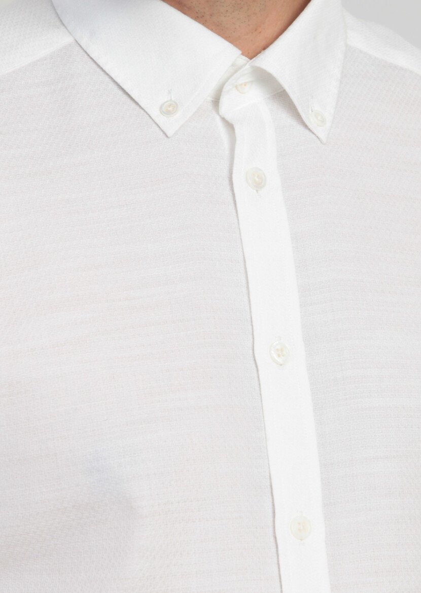 Ekru Desenli Fitted Fit Dokuma Casual %100 Pamuk Gömlek - 4