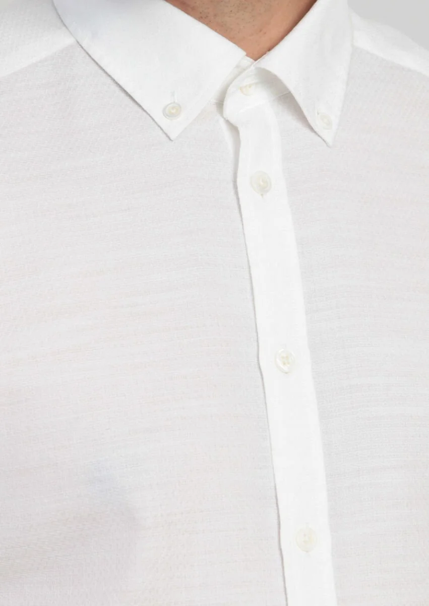 Ekru Desenli Fitted Fit Dokuma Casual %100 Pamuk Gömlek - 4
